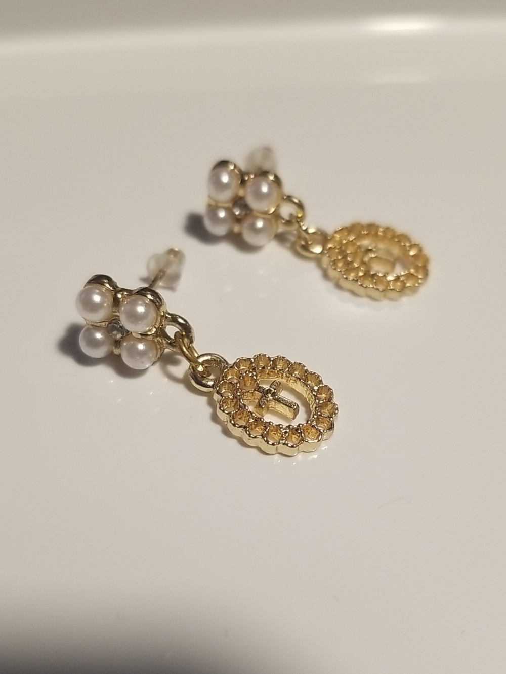 Pearl Cluster Gold Cross Drop Earrings
